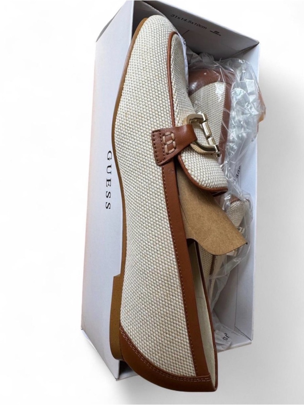 GUESS Cream & Brown Slip-On Loafers with Gold Buckle